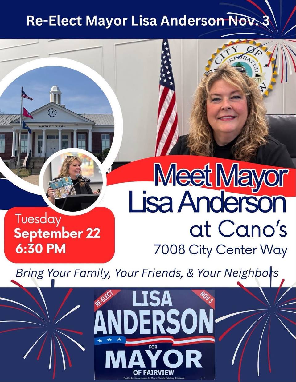 Campaign flyer for Mayor Lisa Anderson showing her portrait, Fairview City Hall, and a re-election yard sign.