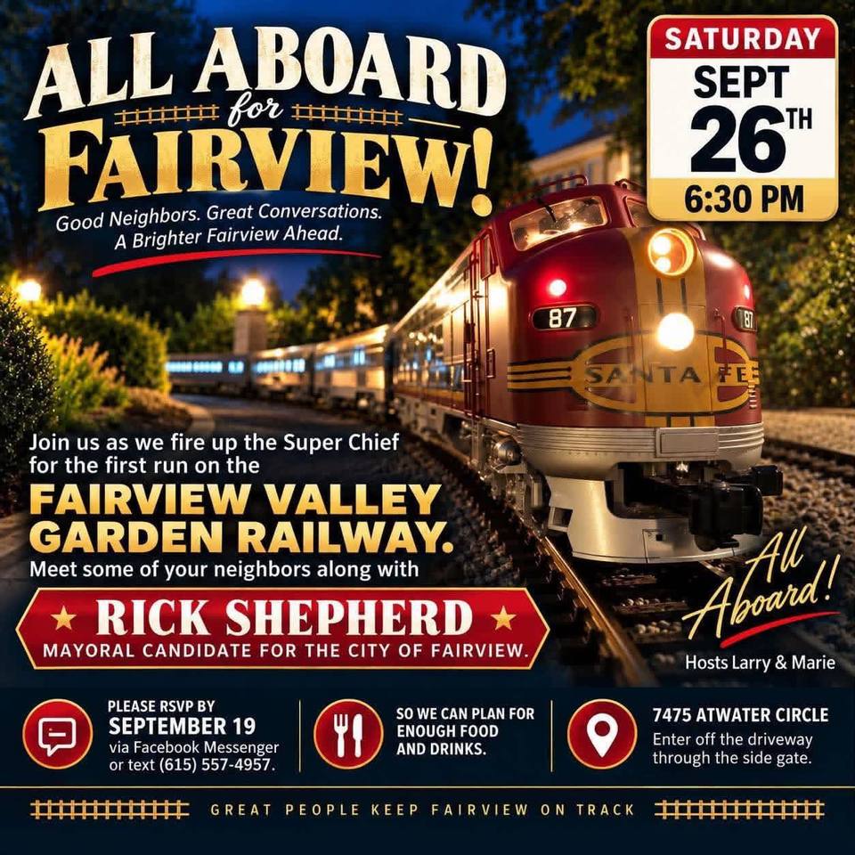 Flyer for the event showing a model steam train and announcing Rick Shepherd, mayoral candidate for the City of Fairview, at a Saturday gathering.