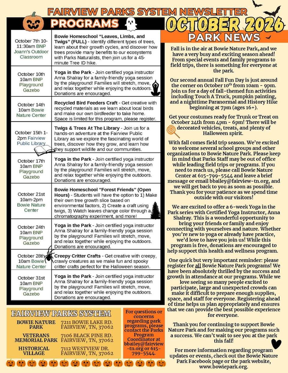 A flyer for the Fairview Parks System's October 2026 newsletter, showing a program schedule table and park news paragraphs with pumpkin and bat graphics.