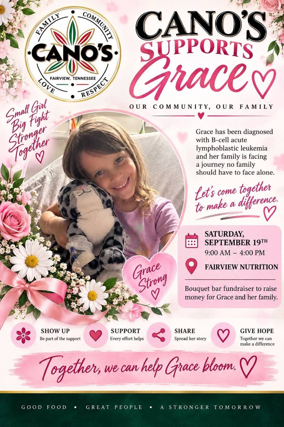 Cano's Supports Grace flyer with a photo of Grace, promoting the Saturday, September 19 bouquet bar fundraiser at Fairview Nutrition.