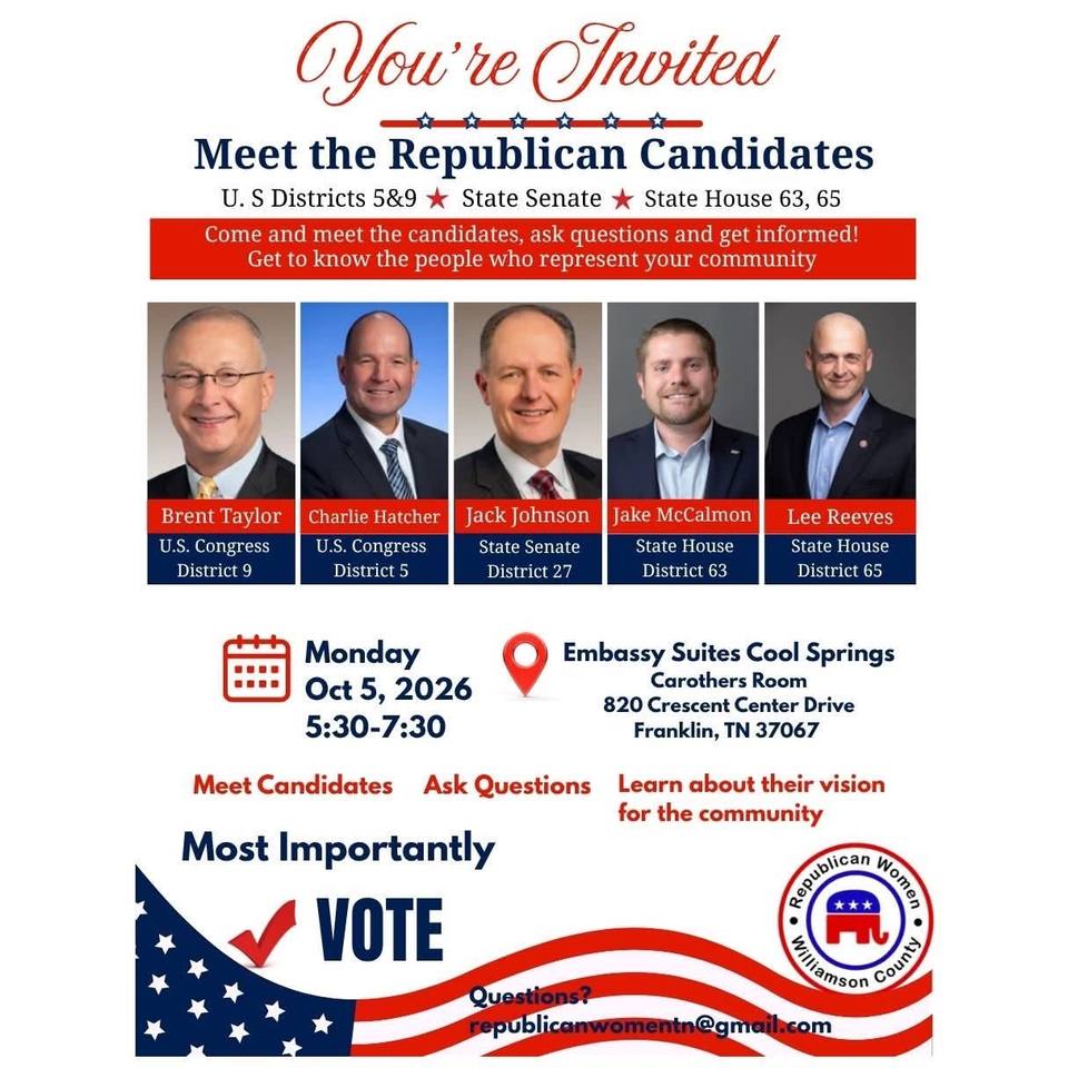 A patriotic-themed flyer titled "Meet the Republican Candidates," showing headshots of five candidates: Brent Taylor, Charlie Hatcher, Jack Johnson, Jake McCalmon and Lee Reeves.