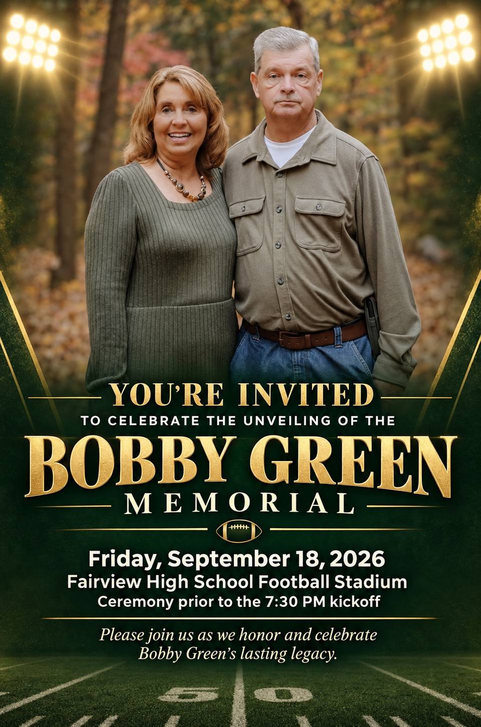 Flyer showing a man and woman posed together outdoors, inviting the public to the unveiling of the Bobby Green Memorial.