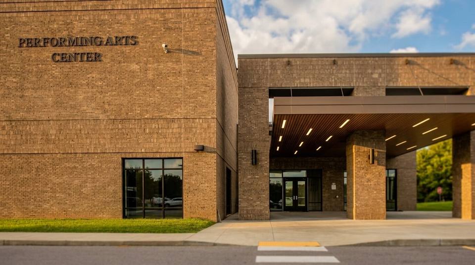 The entrance to the Performing Arts Center at Fairview High School.