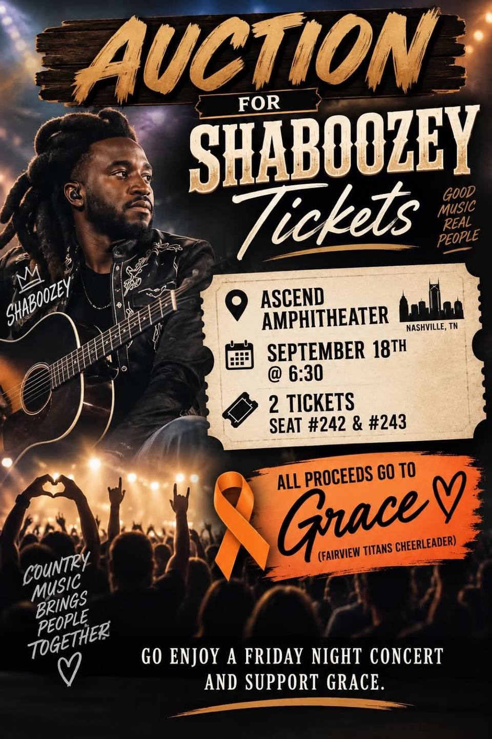 Poster for an auction of two Shaboozey tickets at Ascend Amphitheater on September 18, with all proceeds going to Grace.