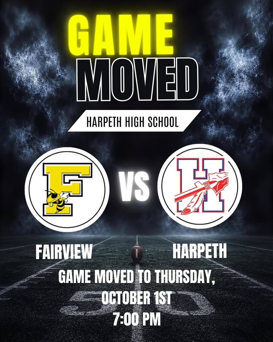 Game moved graphic for Fairview versus Harpeth, showing the new Thursday, Oct. 1 kickoff at 7 p.m. at Harpeth High School.