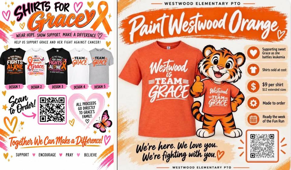 Two shirt fundraiser flyers side by side: the Fairview Recreation Association's Shirts for Grace flyer with five T-shirt designs and a QR code to order, and the Westwood Elementary PTO's Paint Westwood Orange flyer with an orange Westwood is Team Grace shirt and a tiger mascot.