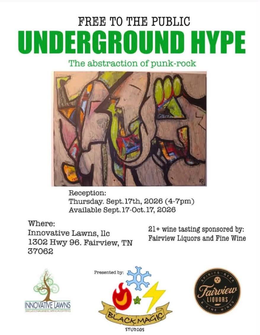 A flyer for the Underground Hype art show, showing an abstract painting of a face made of colorful, cubist-style shapes.