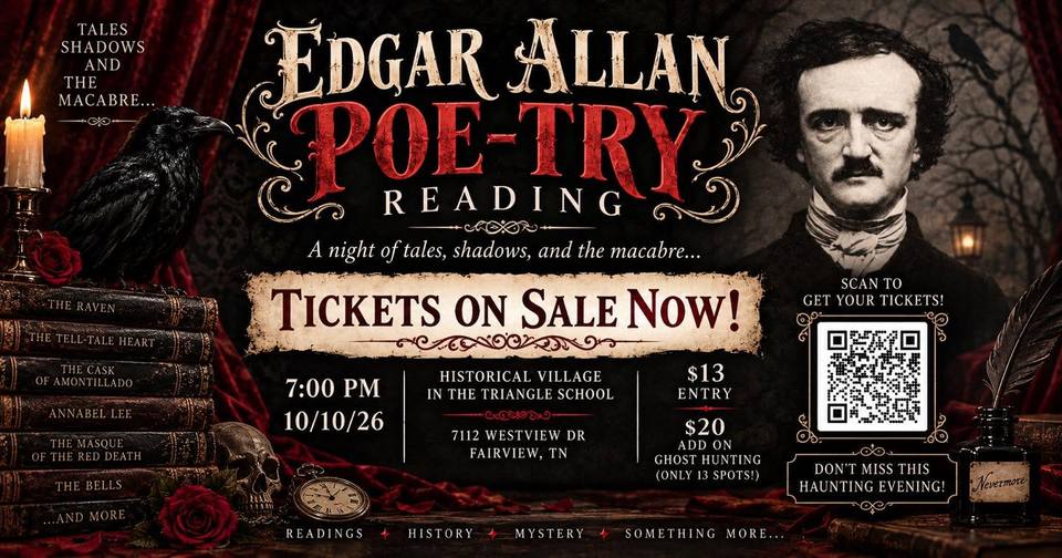 Flyer for an Edgar Allan Poe poetry reading, with Poe's portrait, a raven, candle and skull, and event details.