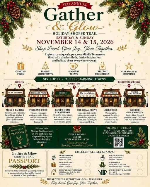 Flyer for the Gather & Glow Holiday Shoppe Trail listing six participating shops, their addresses and a passport giveaway promotion.