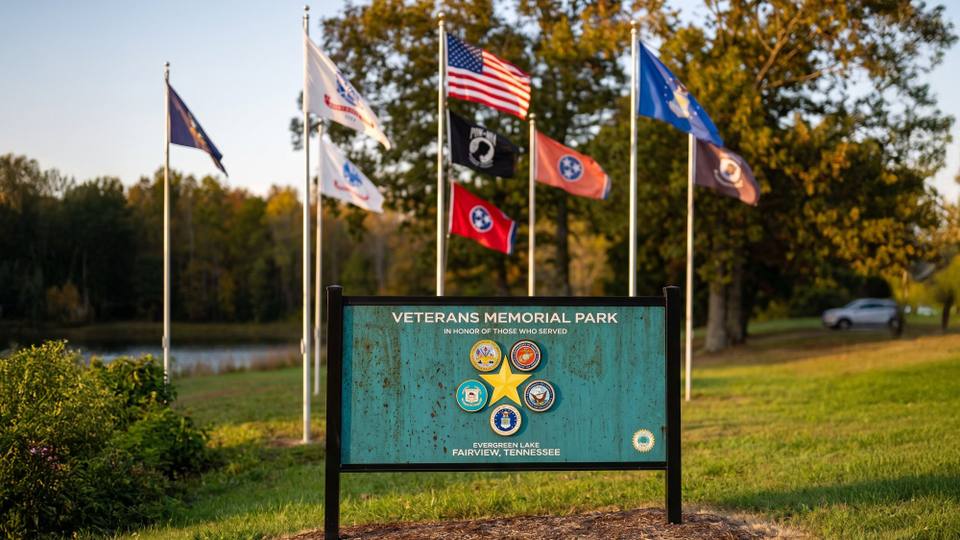 Military branch flags and the American flag fly on poles beside a teal Veterans Memorial Park sign near a pond.