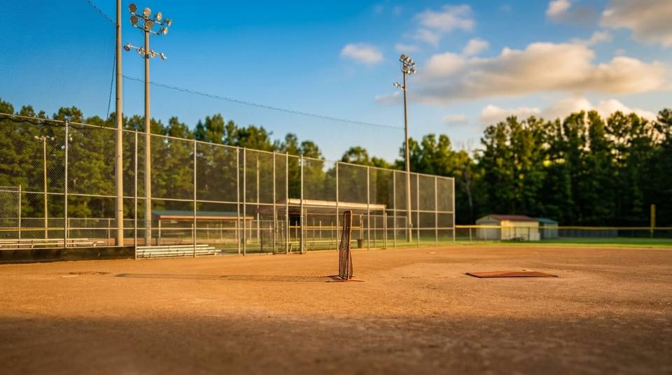 An empty baseball diamond in evening light, floodlights and a treeline beyond the outfield fence.