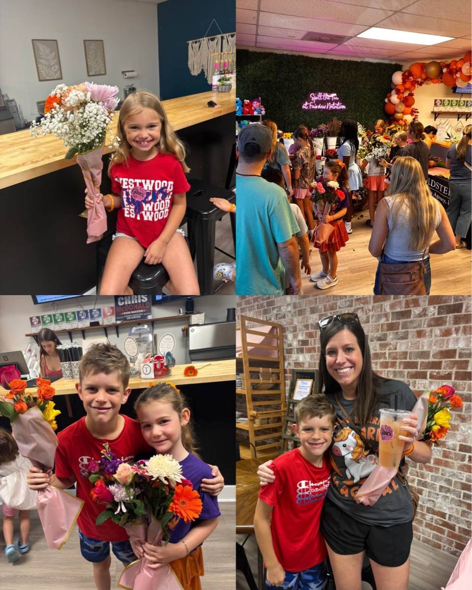 Four photos from the flower bar fundraiser: children holding bouquets, and a crowded shop decorated with orange balloons.