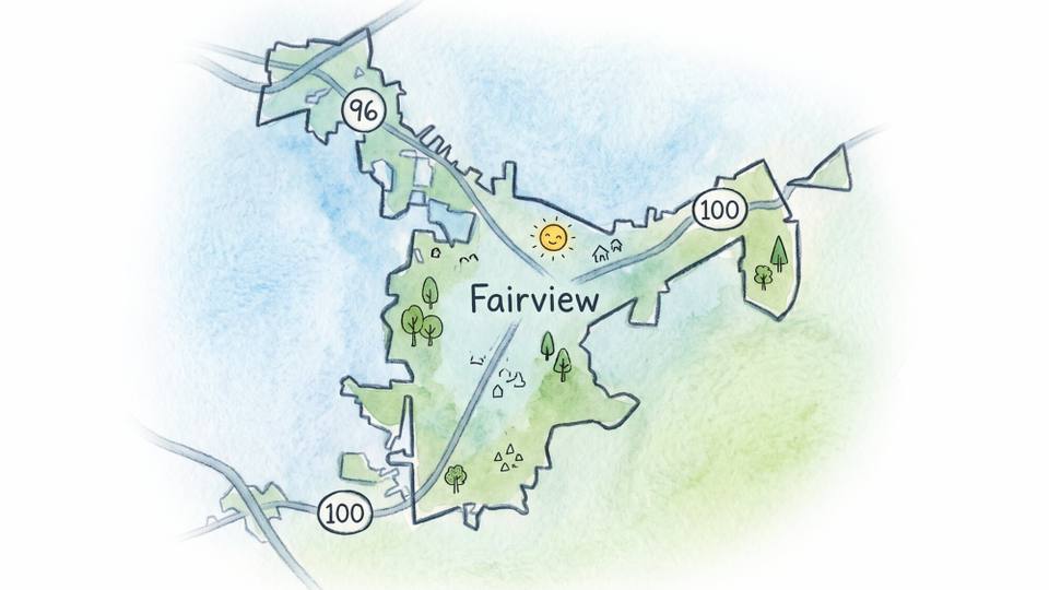 An illustrated map of Fairview, its boundary drawn in green with Highways 96 and 100 running through.