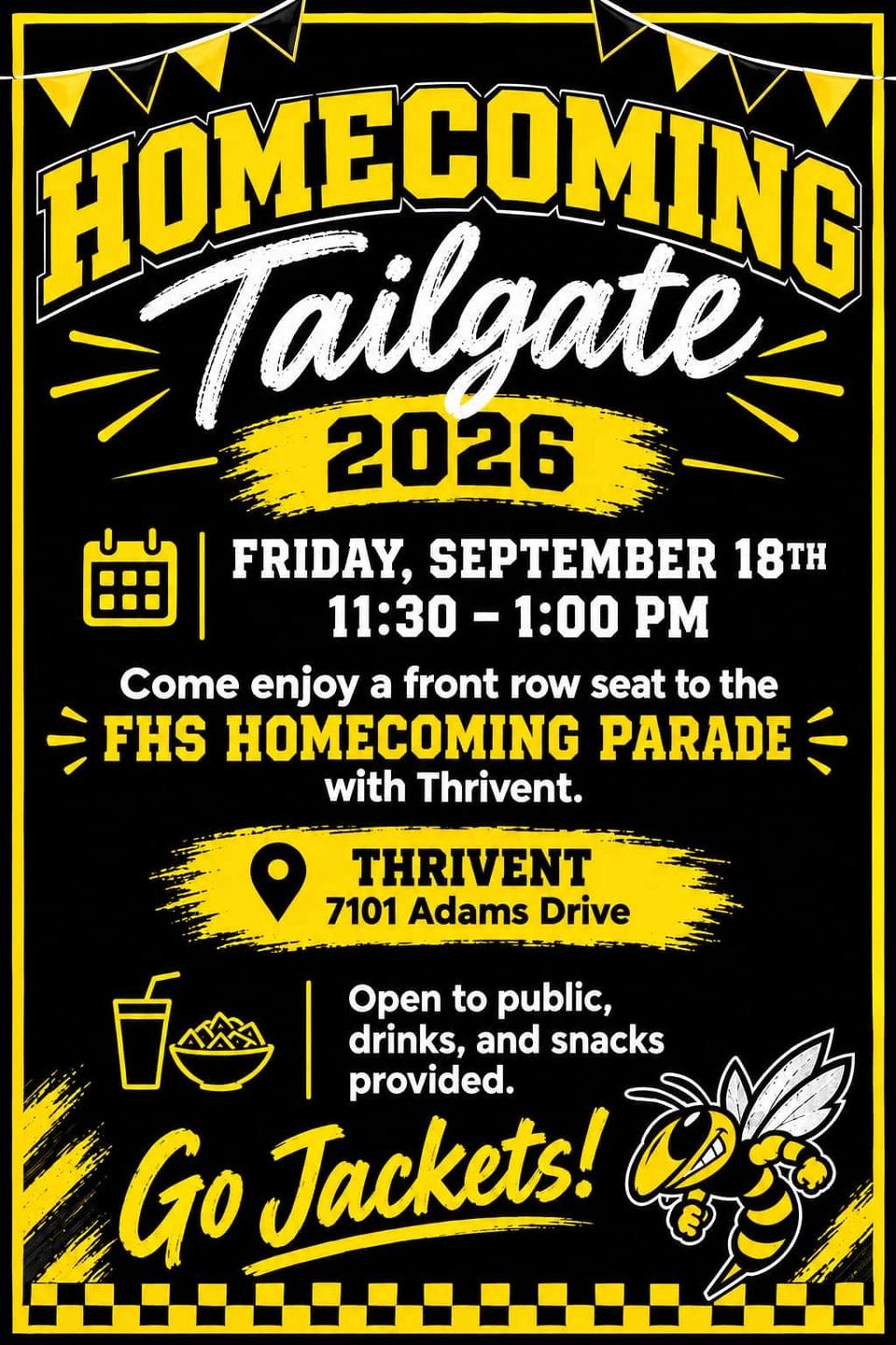 Black and yellow flyer for the Homecoming Tailgate 2026 with a cartoon yellow jacket mascot and event details.