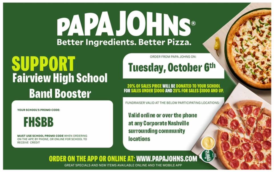 A Papa John's flyer advertising a Fairview High School Band Booster fundraiser with the promo code FHSBB and photos of pizzas.