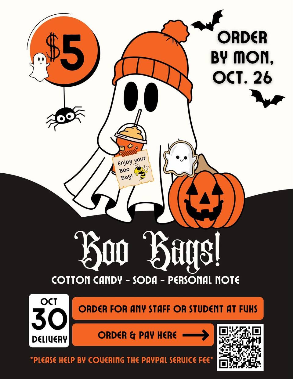 Orange, black and white Halloween flyer for Boo Bags showing a cartoon ghost in an orange knit hat holding a drink beside a jack-o'-lantern, with a QR code for ordering.