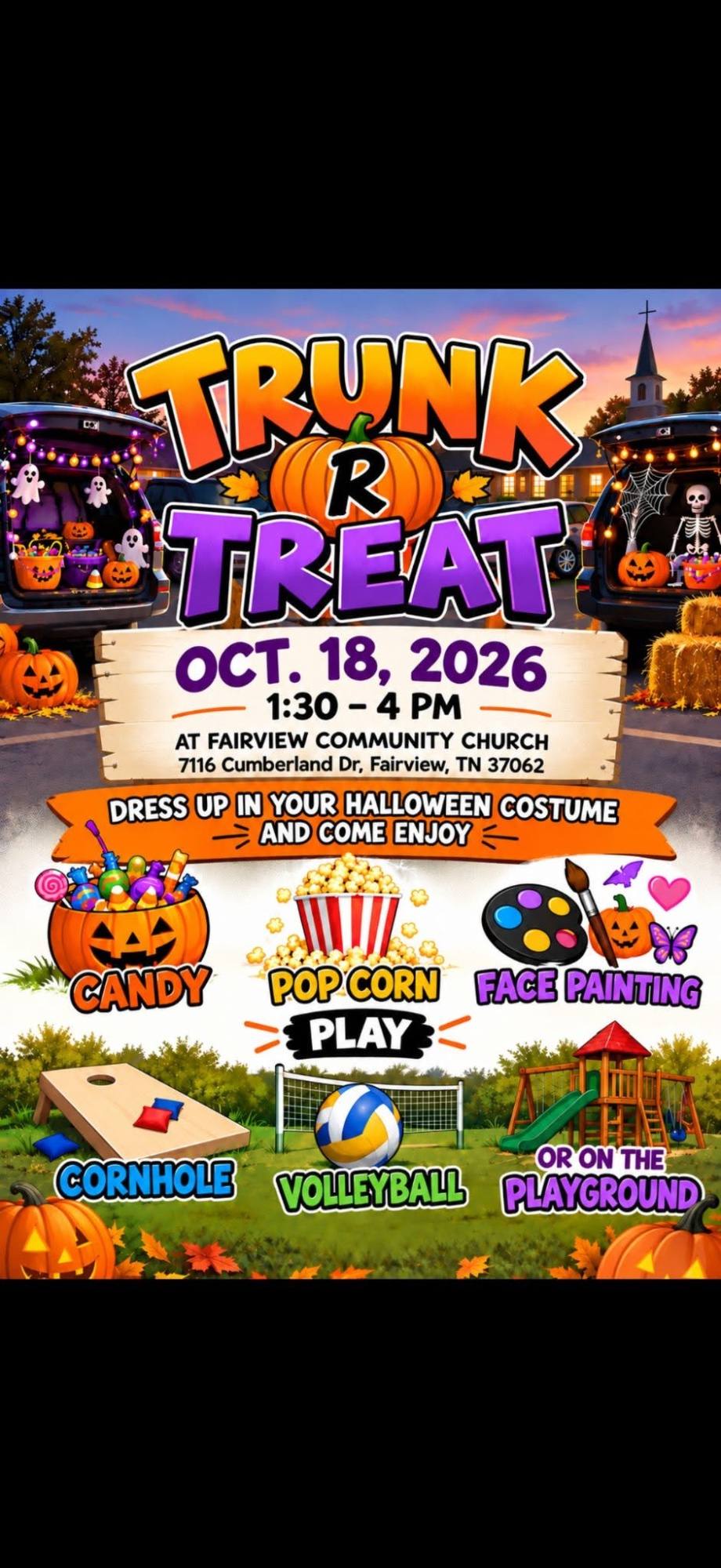 Flyer advertising the Trunk or Treat event at Fairview Community Church, featuring Halloween-themed graphics and event details.