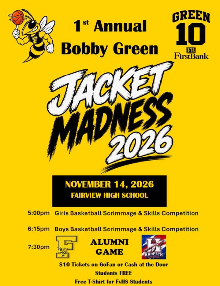 A yellow flyer for Jacket Madness 2026, with a cartoon yellow jacket spinning a basketball and the Fairview and Harpeth logos beside the alumni game listing.
