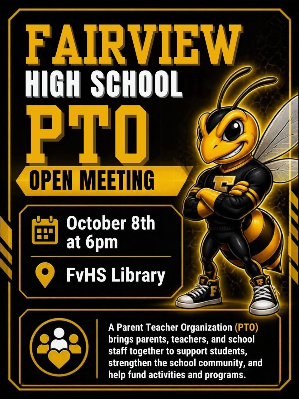 A graphic featuring a yellow and black honeybee wearing a Fairview High School jacket and holding a clipboard.
