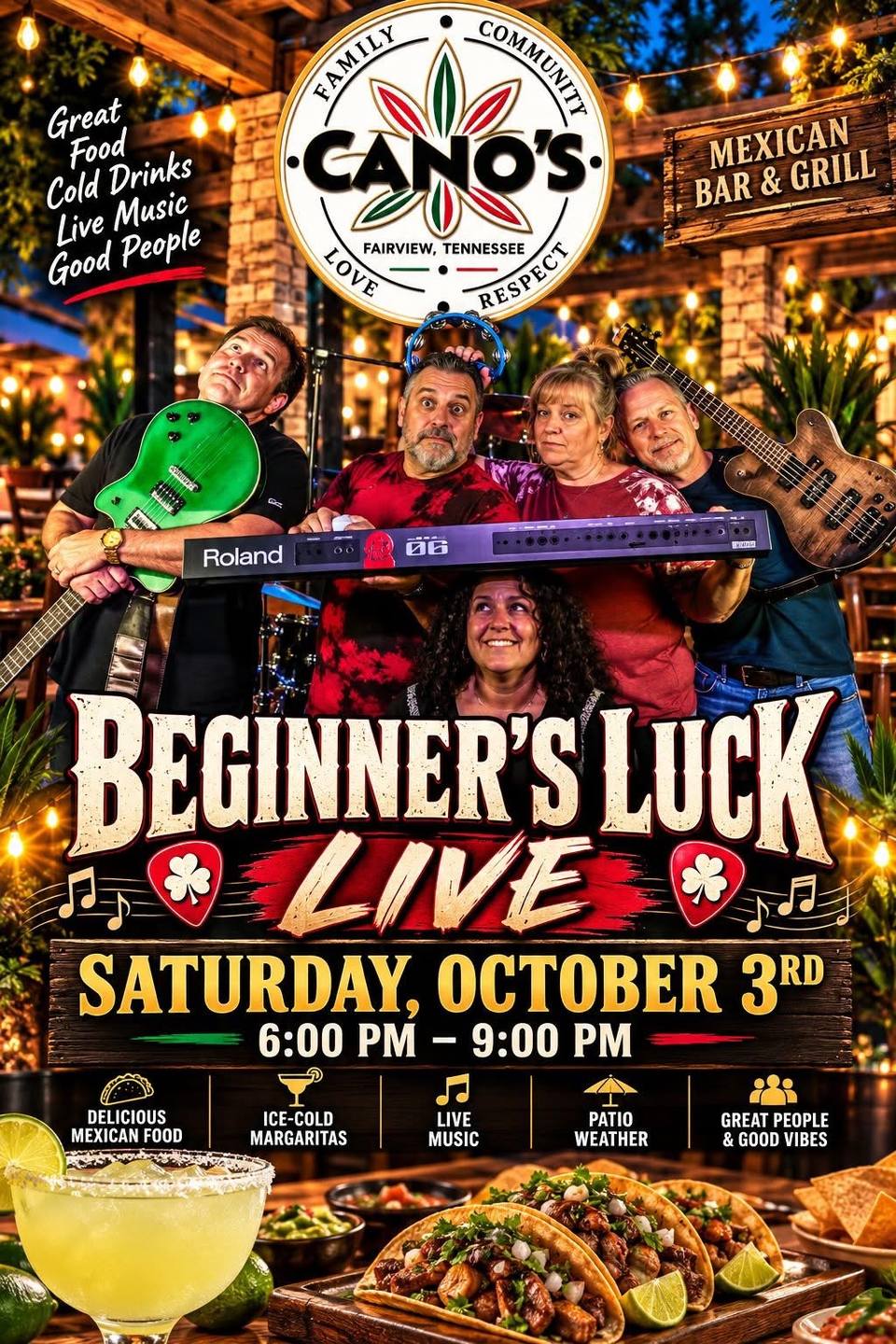Flyer advertising Beginner's Luck live music at Cano’s Mexican Bar & Grill on October 3rd.