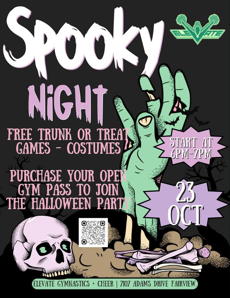 A flyer advertising a Halloween event at Elevate Gymnastics & Cheer, featuring a skull and a hand.