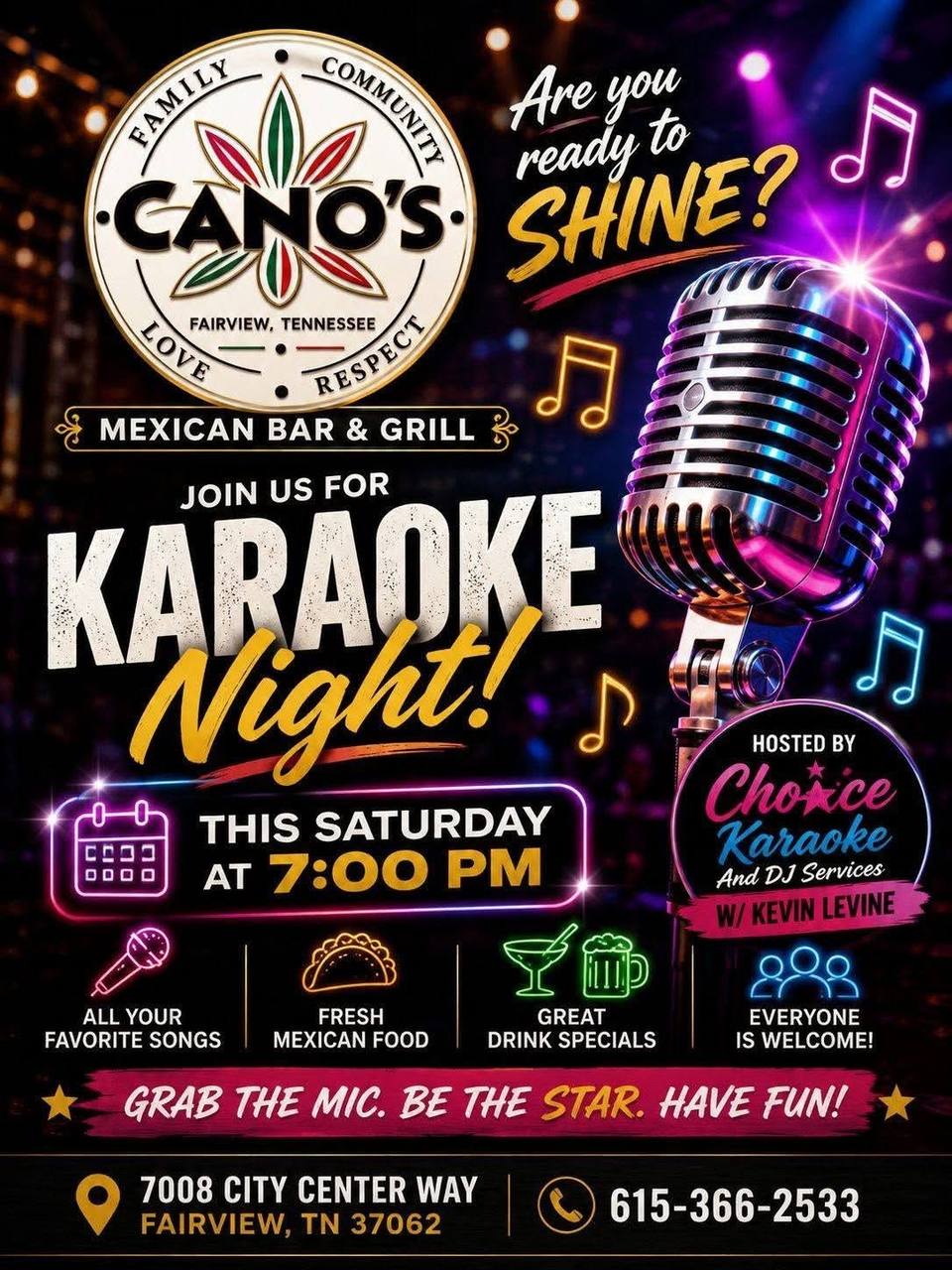 A dark, neon-lit flyer for karaoke night at Cano's Mexican Bar & Grill, with the restaurant's round logo, a chrome microphone and colorful music notes.