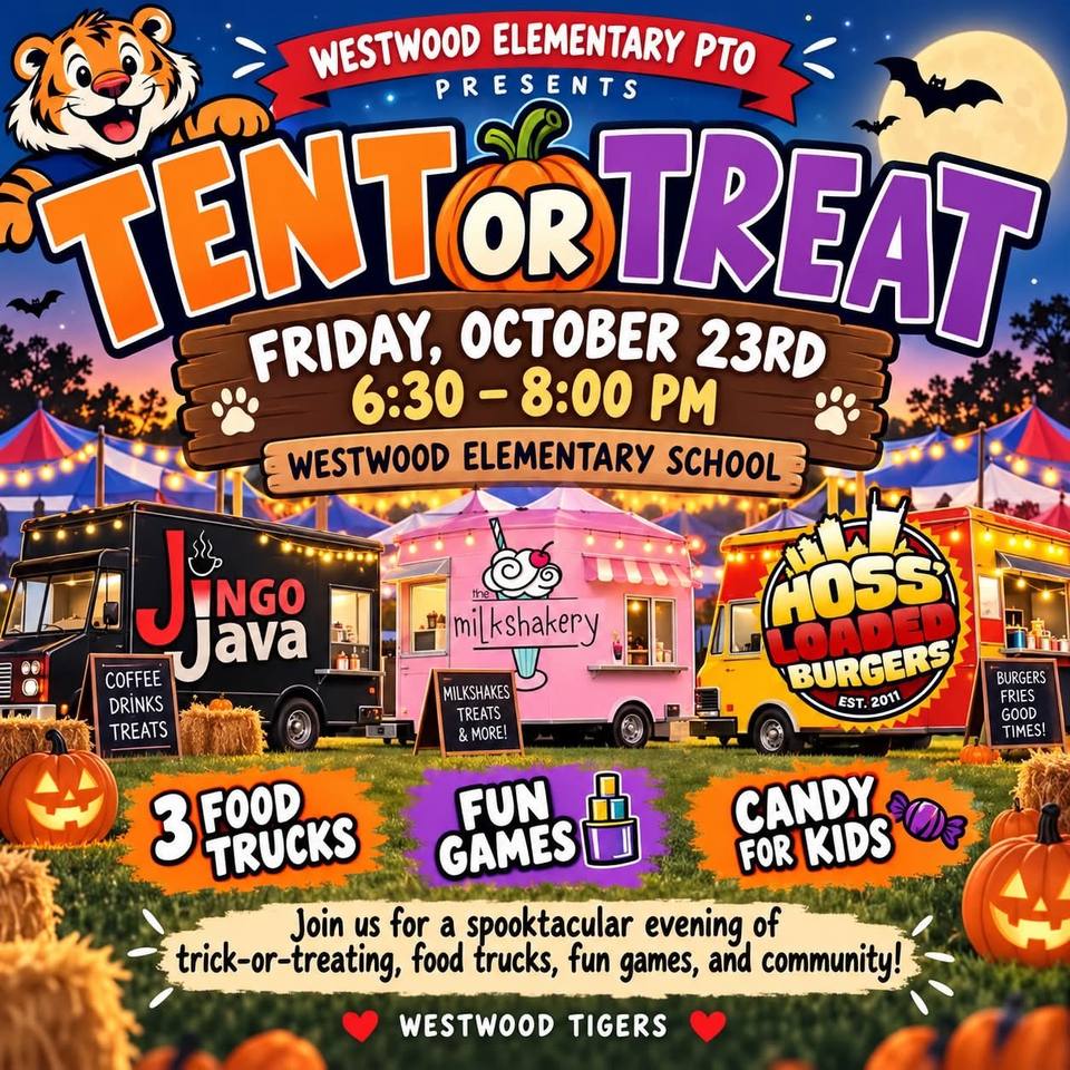 Colorful Halloween flyer with a cartoon tiger, pumpkins, tents and three food trucks under string lights, advertising the Westwood Elementary PTO Tent or Treat.