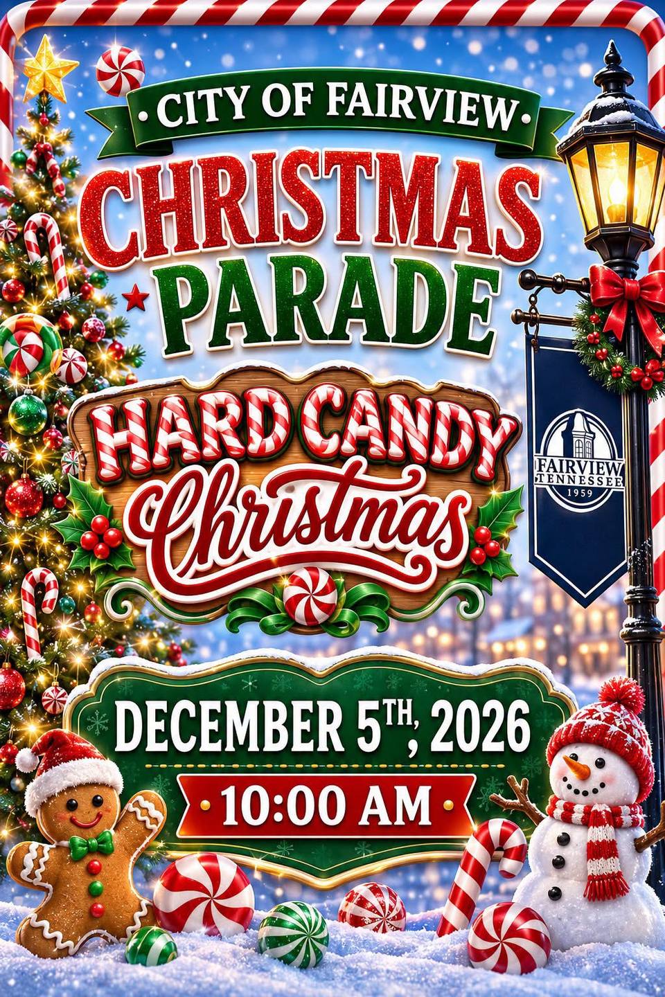 A festive Christmas parade scene with a street lamp, candy canes, and a Santa Claus figure