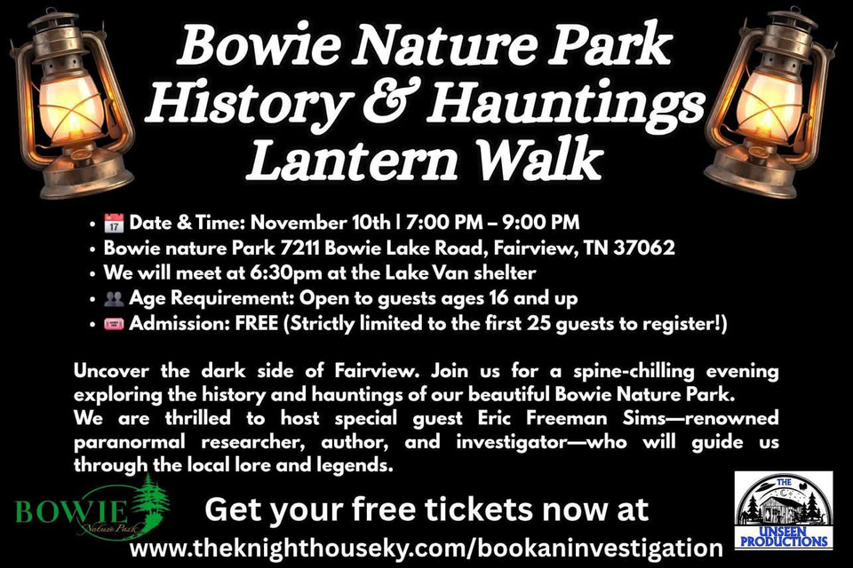 A black flyer for the Bowie Nature Park History and Hauntings Lantern Walk, with glowing old-fashioned lanterns in the top corners and the Bowie Nature Park and Unseen Productions logos at the bottom.
