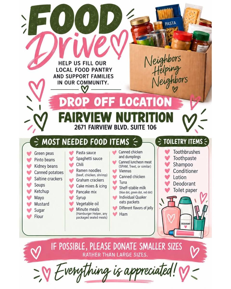 Flyer for a food drive showing a cardboard box marked Neighbors Helping Neighbors, filled with jars, cans and pasta, beside lists of food and toiletry items needed.
