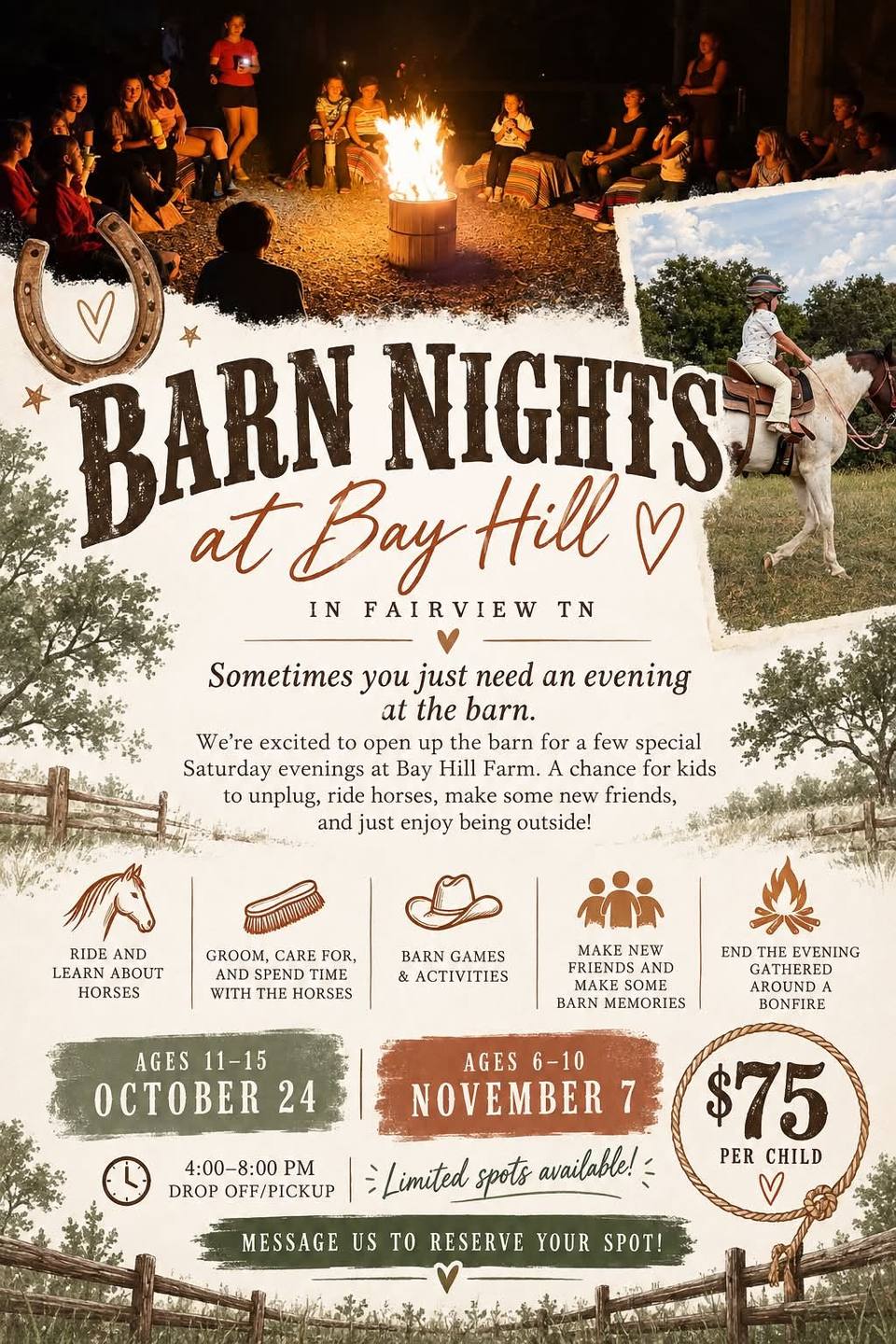 Flyer for Barn Nights at Bay Hill in Fairview, with photos of children seated around a bonfire at night and a child in a helmet riding a white horse.