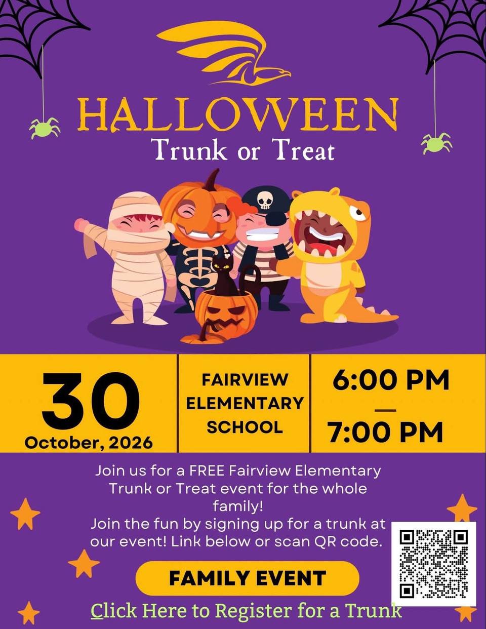 A purple Halloween flyer showing cartoon children in mummy, pumpkin, pirate and dinosaur costumes, with spiderwebs, spiders and a QR code.