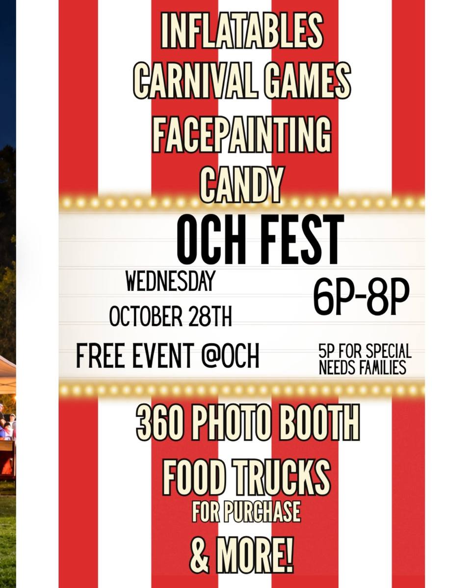 A red and white striped flyer with a marquee-style banner announcing OCH Fest and listing its activities.