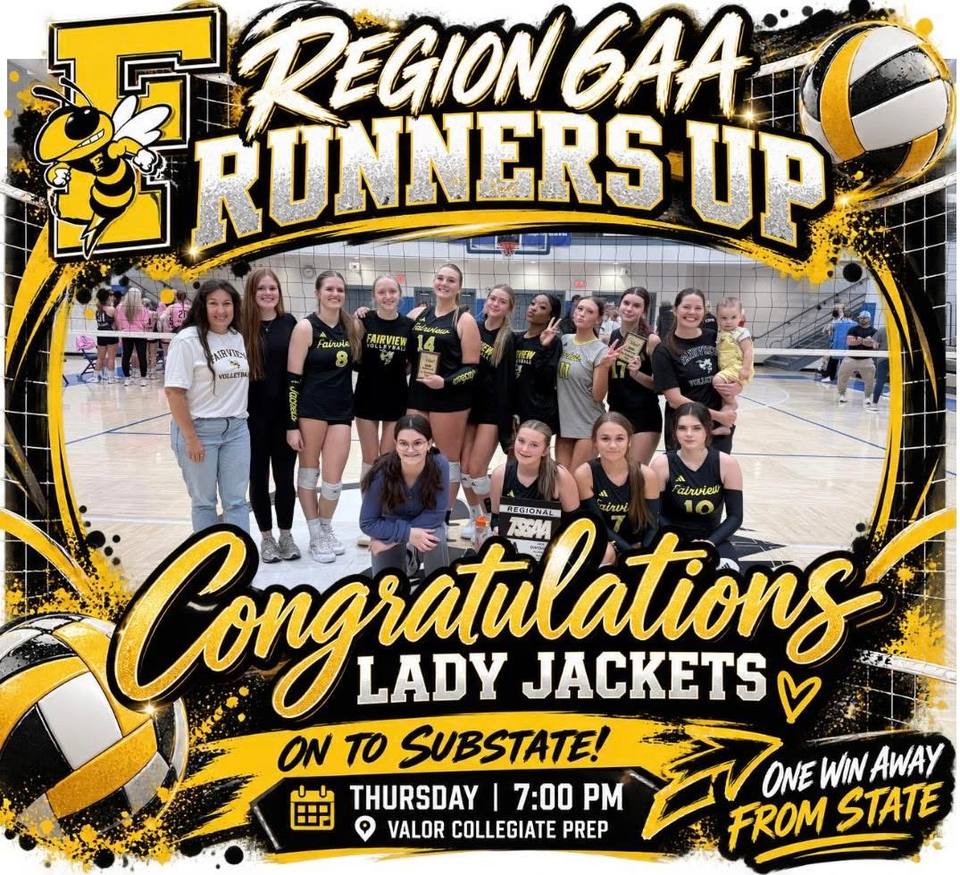 A graphic congratulating the Lady Jackets as Region 6AA runners-up, with a team photo of players and coaches holding plaques and a regional trophy on a gym floor.