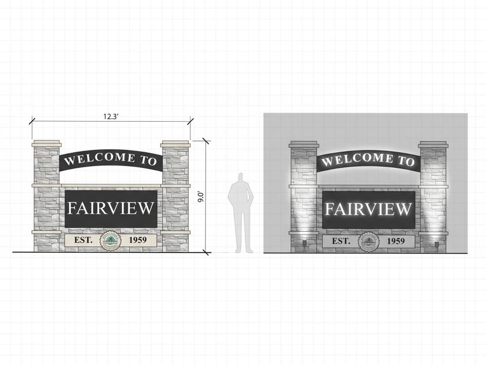 A concept drawing of the new Fairview welcome sign: a dark arched "Welcome to" panel over a large "Fairview" panel between two stone columns, with "Est. 1959" and the city seal below, shown in daylight on the left and lit at night on the right.