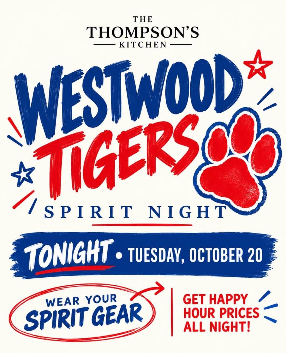 A red, white and blue flyer from The Thompson's Kitchen for a Westwood Tigers spirit night, with a large red tiger paw print and stars.