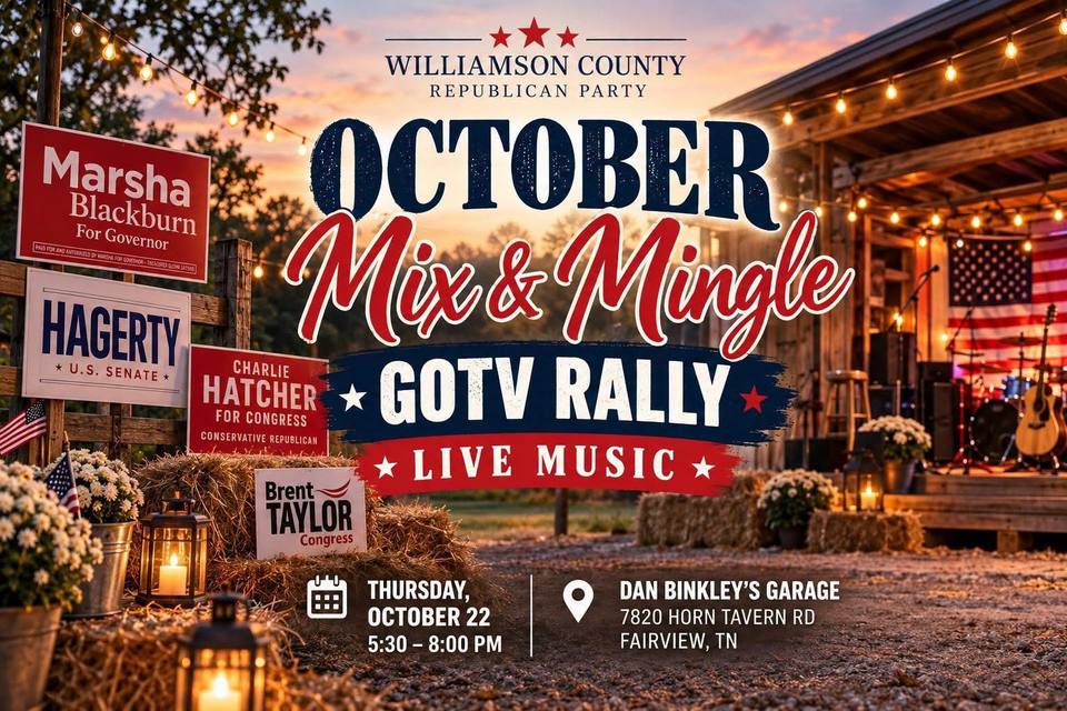Flyer for a Williamson County Republican Party rally, showing campaign yard signs on hay bales, string lights and a barn stage with a guitar and an American flag at sunset.