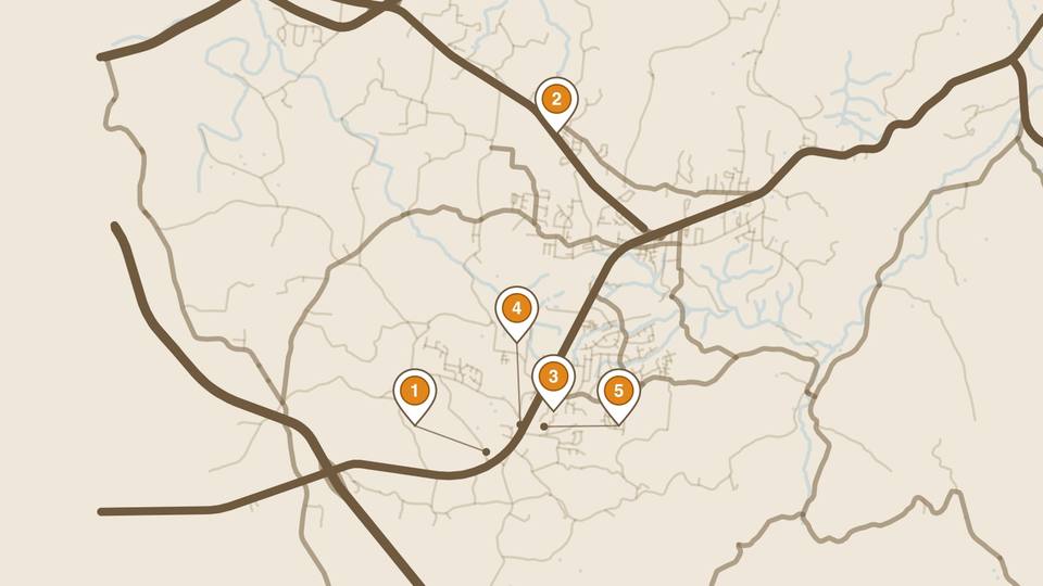 A map of Fairview with five numbered pins marking this week's Halloween events