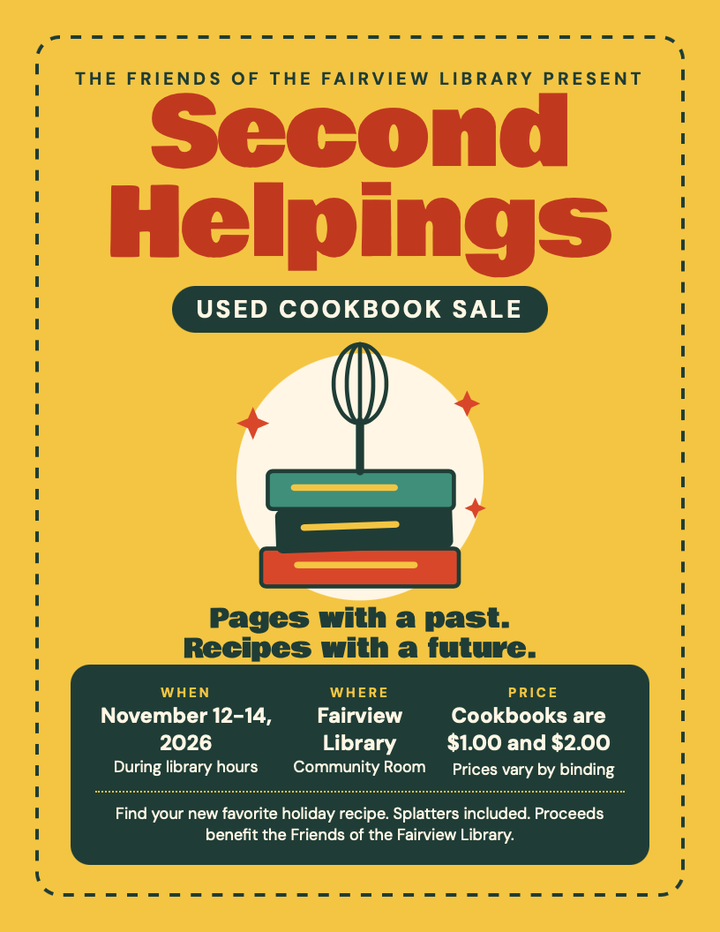 Yellow flyer for the Second Helpings used cookbook sale, showing a drawing of a whisk on top of a stack of three cookbooks.