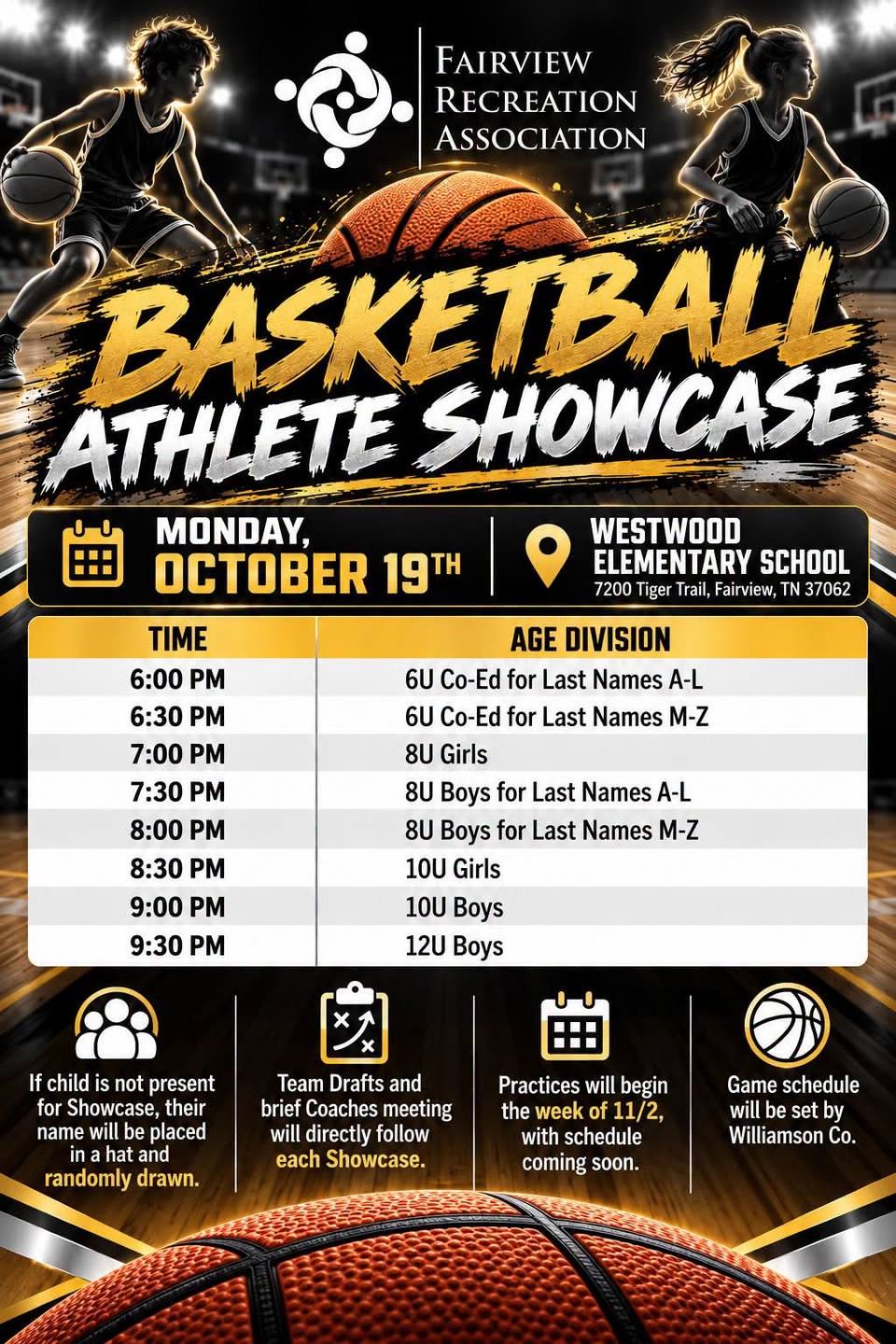 A black and gold flyer for the Fairview Recreation Association basketball showcase, showing two young players dribbling on a court and a table of times and age divisions.