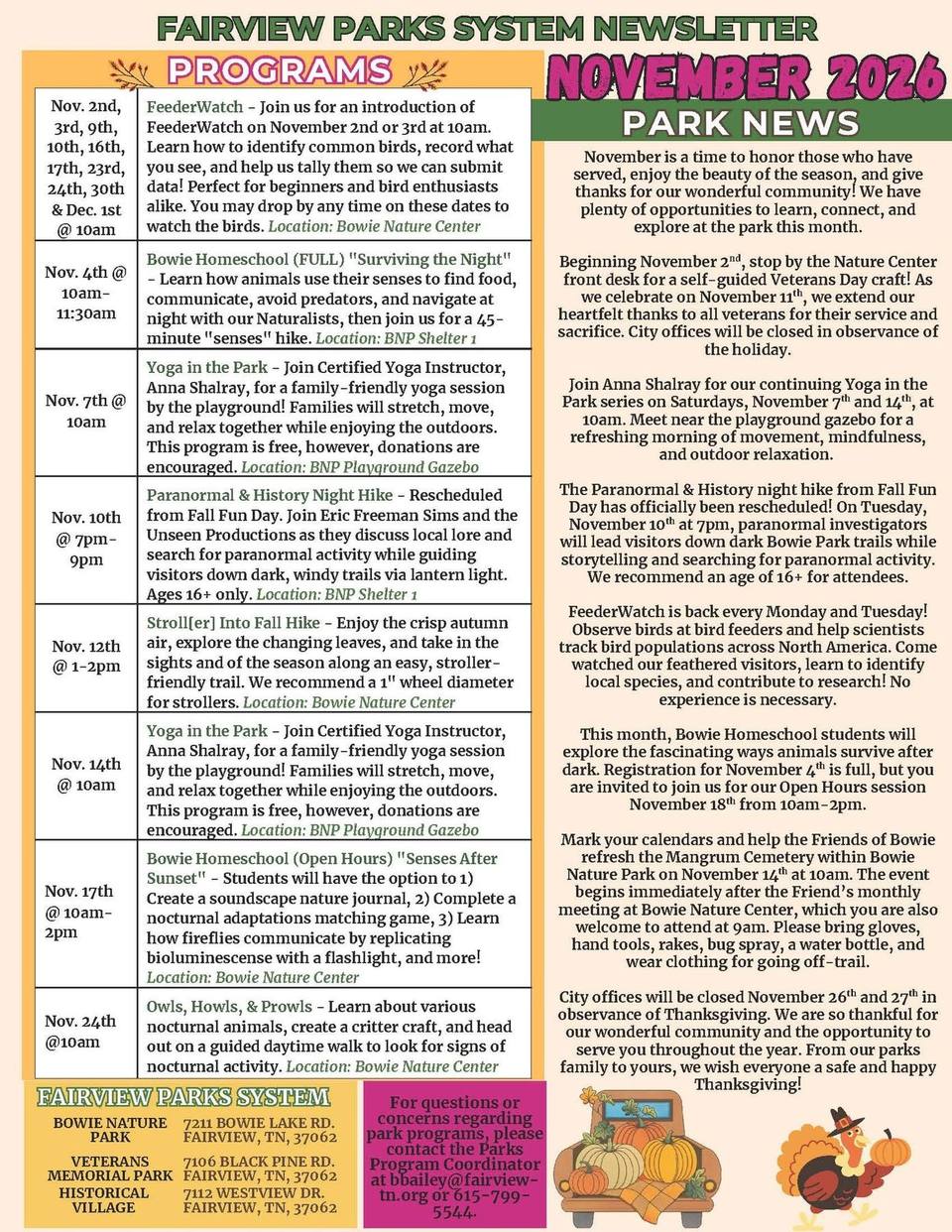 The Fairview Parks System's November 2026 newsletter, with a list of park programs, a park news column and drawings of a pumpkin truck and a turkey.