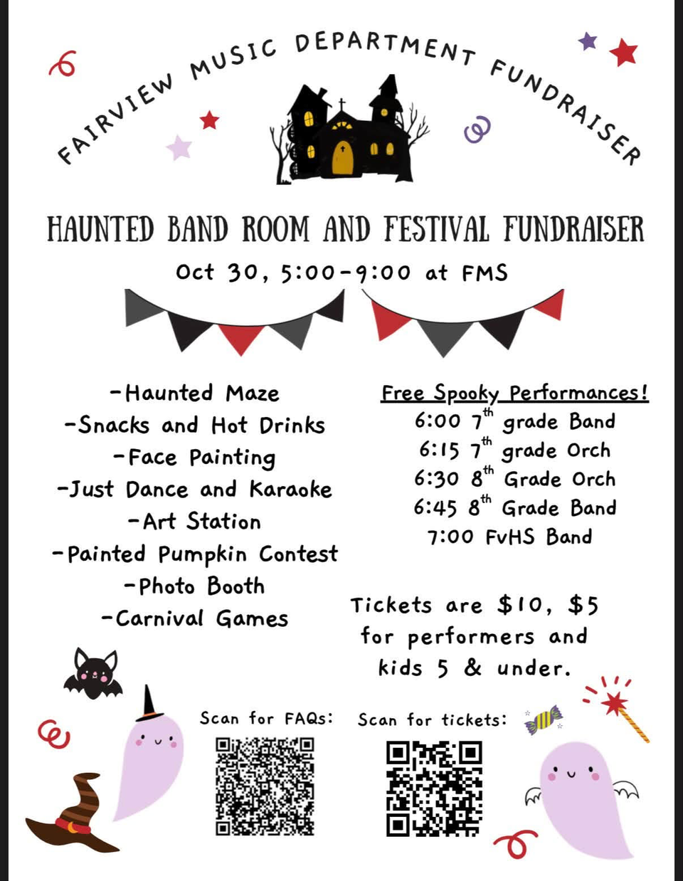 A Halloween flyer for the Fairview Music Department's haunted band room fundraiser, with a haunted house, bunting, cartoon ghosts, a bat and two QR codes.