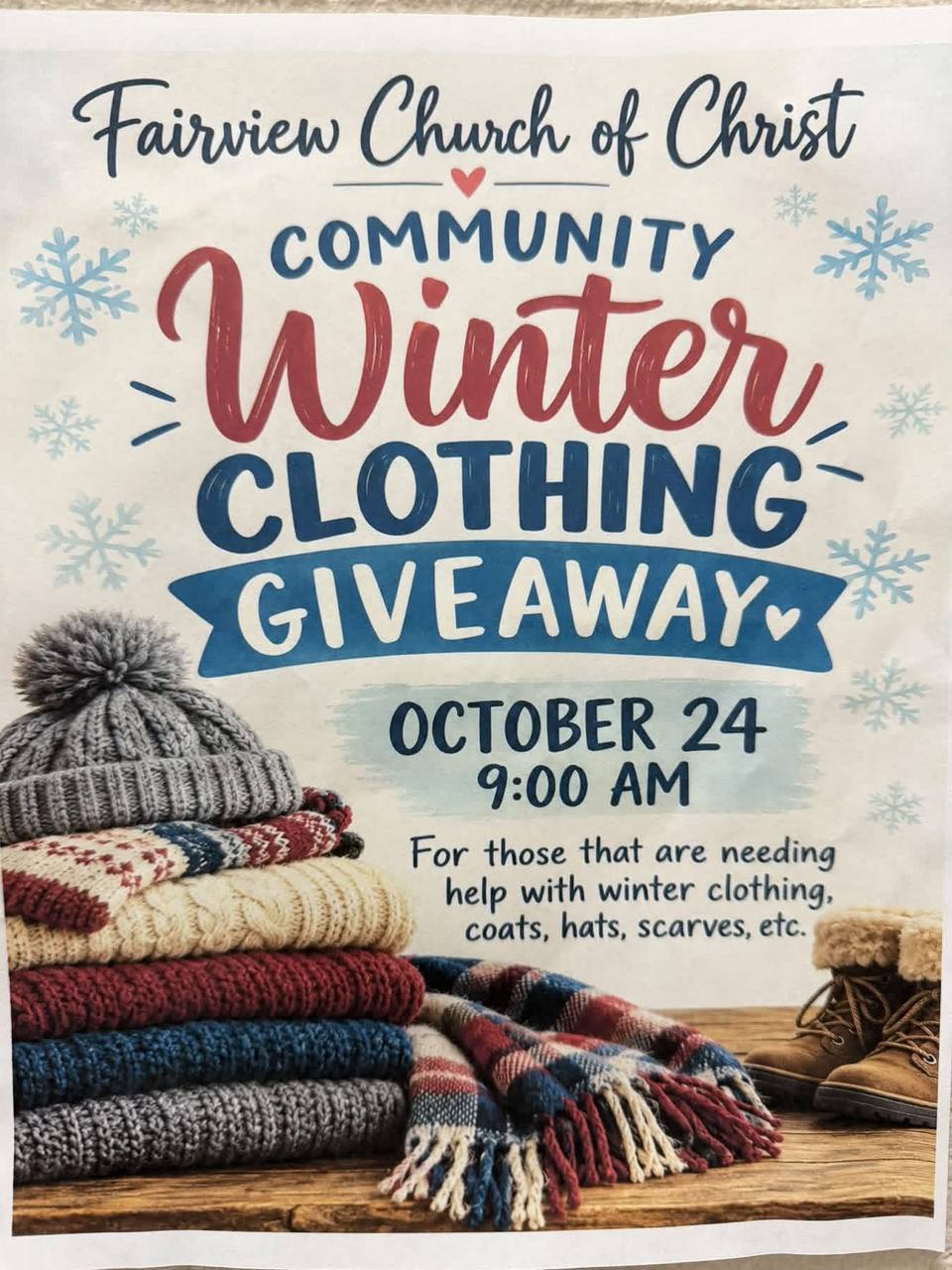 A flyer for the Fairview Church of Christ Community Winter Clothing Giveaway, with snowflakes, a stack of knit sweaters and a hat, a plaid scarf and fur-lined boots.