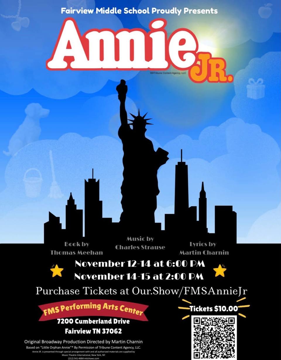 Flyer for Fairview Middle School's Annie Jr., showing a black silhouette of the Statue of Liberty and a city skyline against a blue sky with clouds.