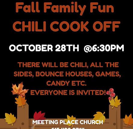 A flyer for a fall chili cook-off at Meeting Place Church, with orange and white lettering on a black background above a wooden fence and autumn leaves.
