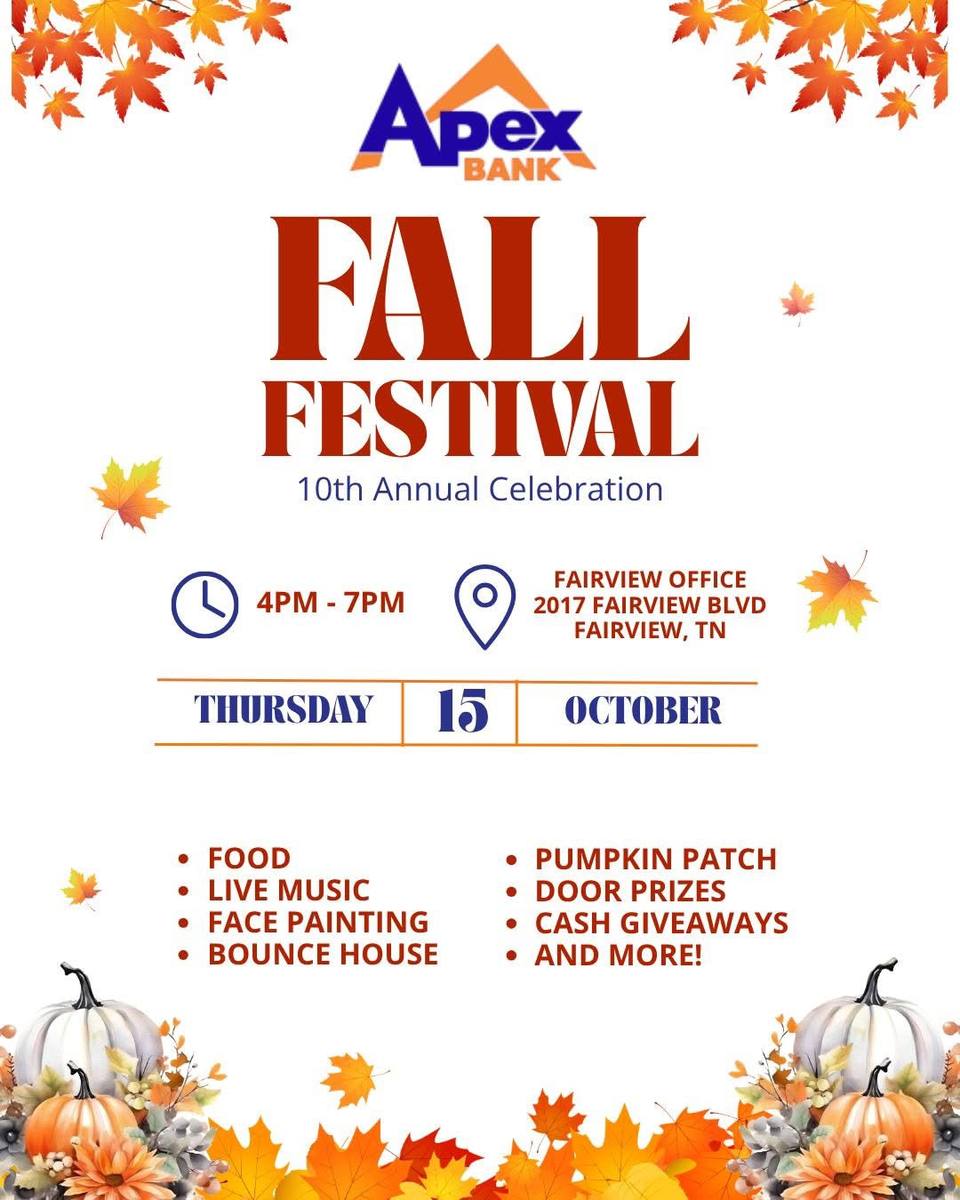 Apex Bank Fall Festival flyer: Thursday, October 15, 4 to 7 p.m., at the Fairview office, 2017 Fairview Blvd.