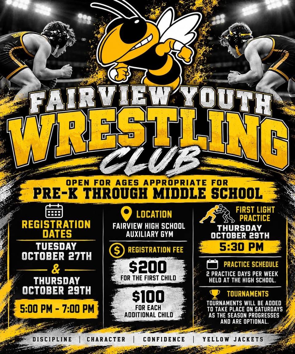 A black and gold flyer for the Fairview Youth Wrestling Club showing a cartoon yellow jacket mascot above two young wrestlers squared off on either side.